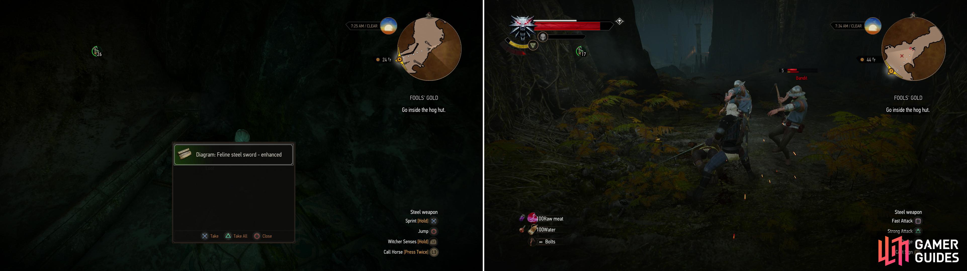 In the cave where the “hog hut” is located you can find the Diagram: Feline Steel Sword - Enhanced (left). There are also Bandits in and around the cave that need to be put down (right).