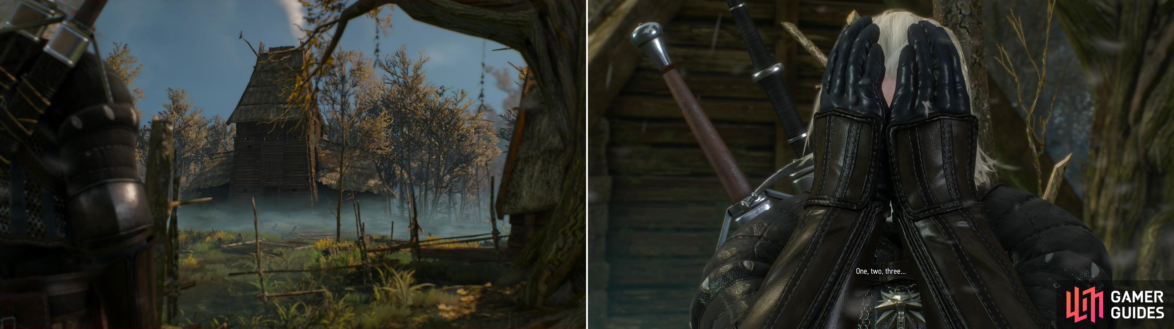 You’ll find a small settlement in the middle of the swamp, at the end of the Trail of Treats (left). After Gran spoils your search, participate in a game of hide-and-seek with the children (right).