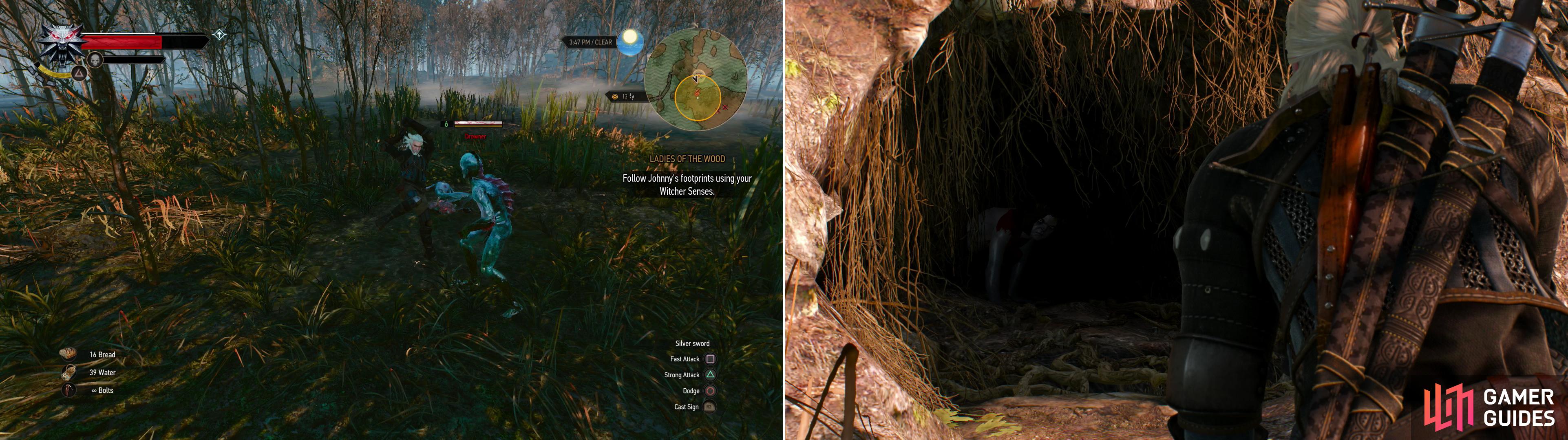 As you search for Johnny, beware of necrophages in the swamps (left). Eventually you’ll find Johnny in his barrow (right).