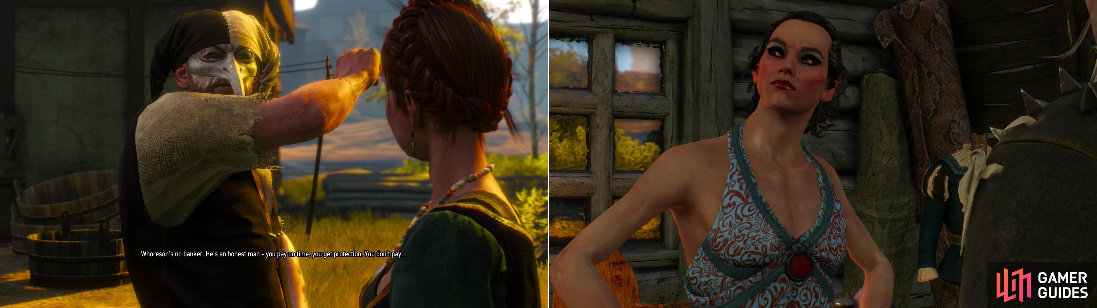 Protect one of Dandelion’s “flowers” from Whoreson Junior’s thugs (left), then visit Elihal. A cross-dressing elf? Not that surprising, reall. Elves, amirite? (right)