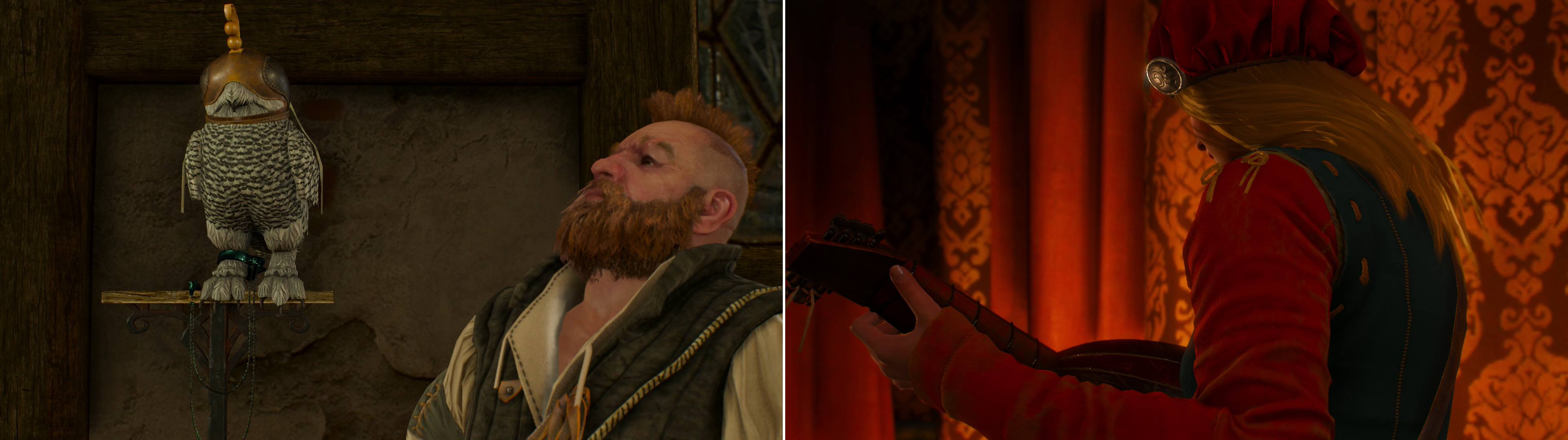 Zoltan shows off his newly-aquired, and oddly-attired, pet (left). After some expert investigation Geralt follows the leads to the object of Dandelion’s ongoing infatuation (right).