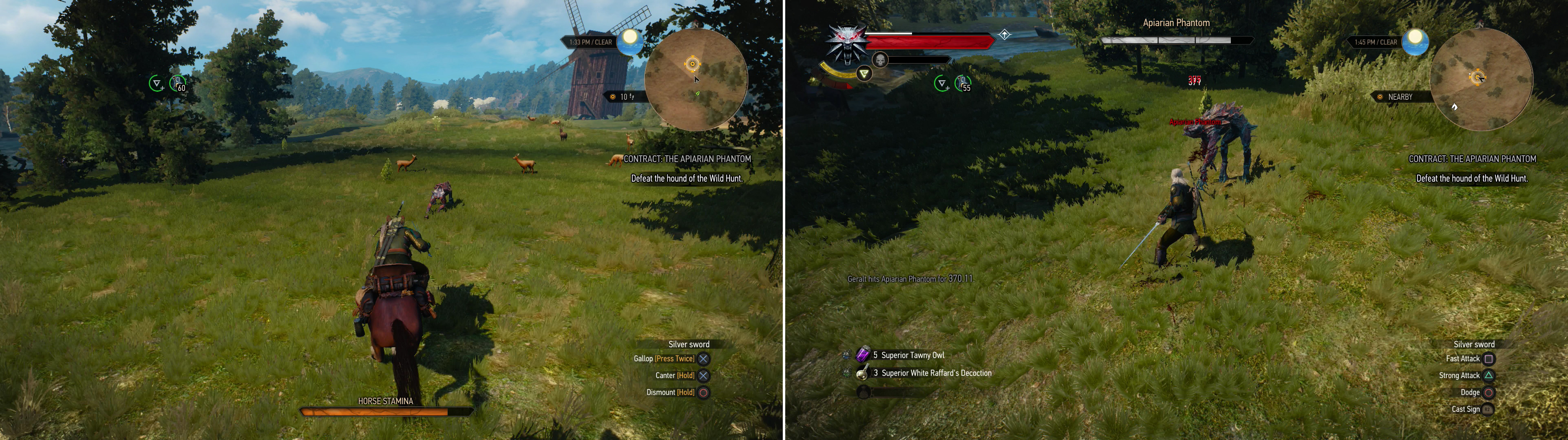 Chase down the “Apiarian Phantom” (left), then when it tires, dismount and slay it (right).
