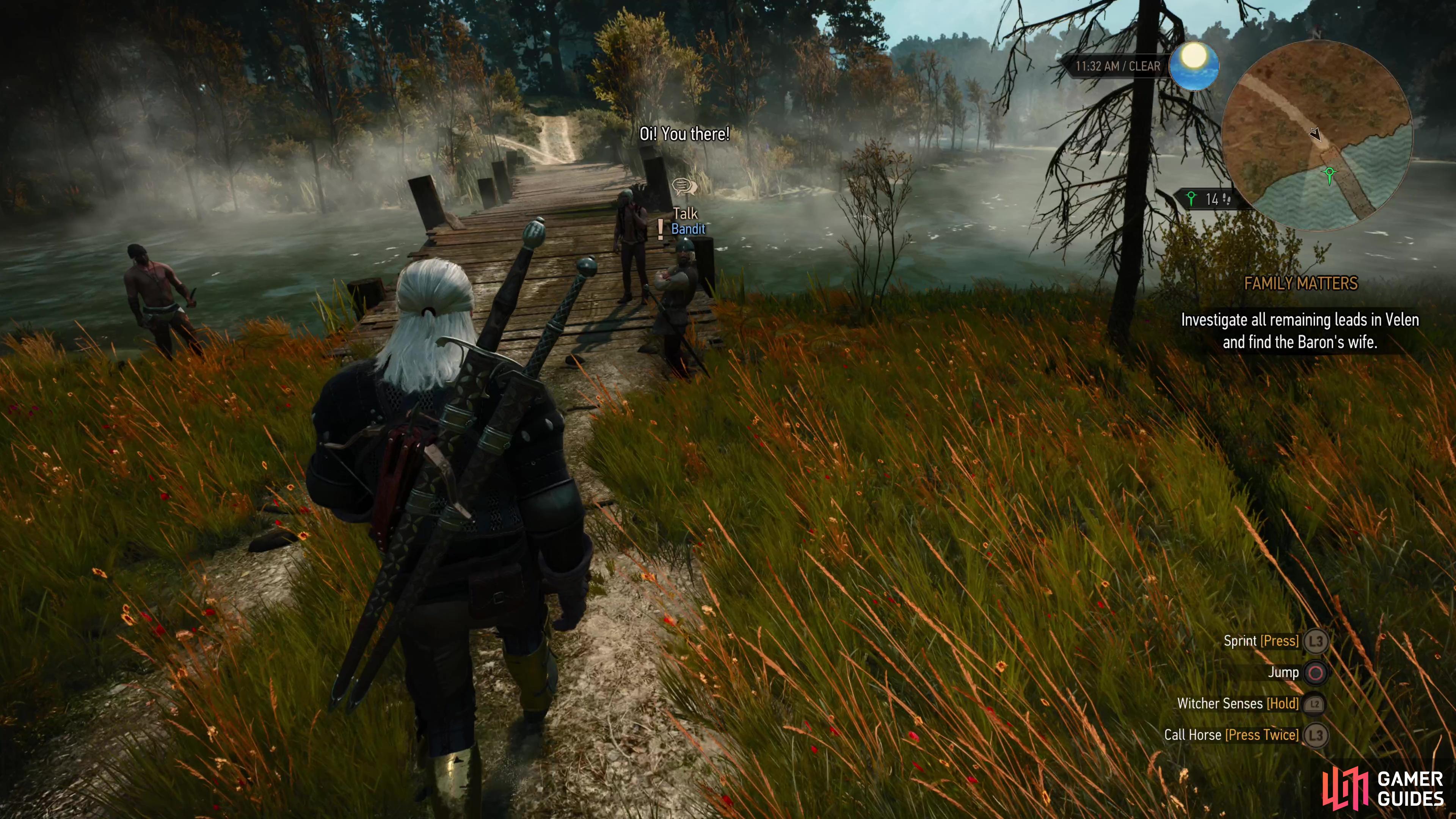 Approach the bridge east of the Boatmaker’s Hut to find some Bandits have taken control of the crossing.
