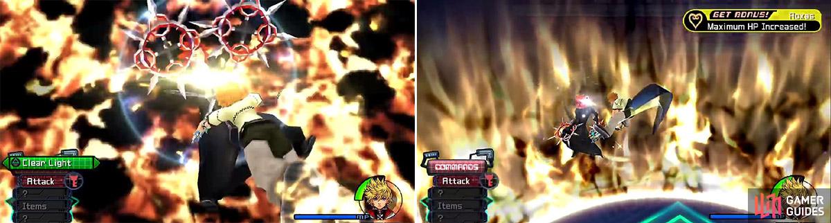 Using Clear Light (left) will clear the flames from the battlefield. After this, you can get in many combos to end the fight quickly (right).