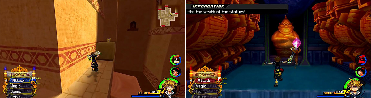 Look all around Agrabah for chests hidden in nooks (left). When leading Abu (right), you must jump the water yourself and order him to do so too.