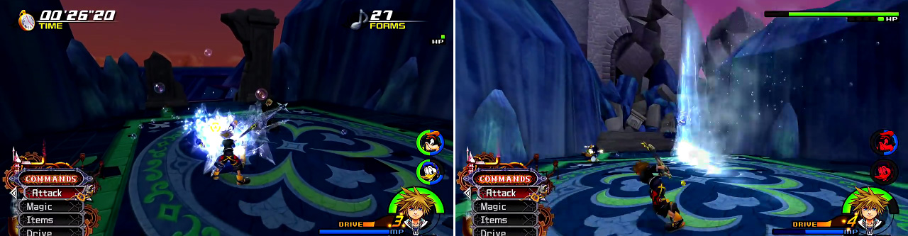 Deymx summons Forms (left) that you must defeat within the allotted time. Use Reaction Commands. Watch our for the water jets Demyx shoots out (right).