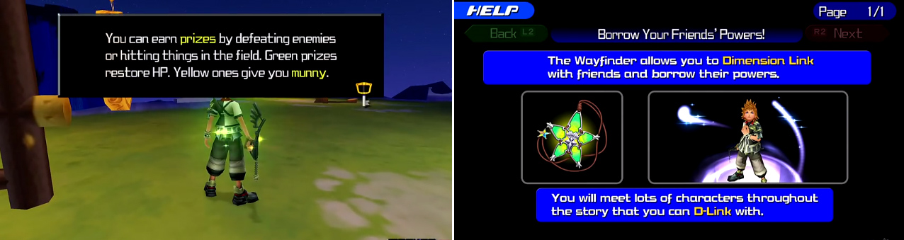 The game will explain the basics of attacking and the different commands. Defeating enemies nets you gold or other prizes (left). D-Links (right) are very useful for turning a battle in your favor.