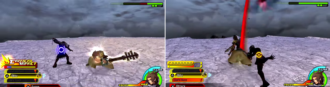 Focus your attacks on Vanitas (left) but watch out for attacks behind you that can catch you out (right).