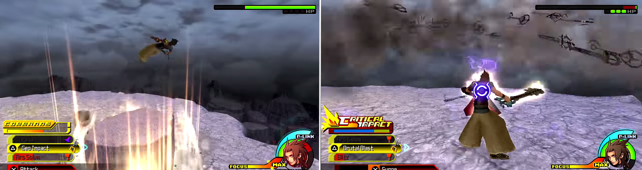 Xehanort uses the ground underneath you to launch you into the air (left). He also summons a storm of keyblades (right) that can be very damaging.