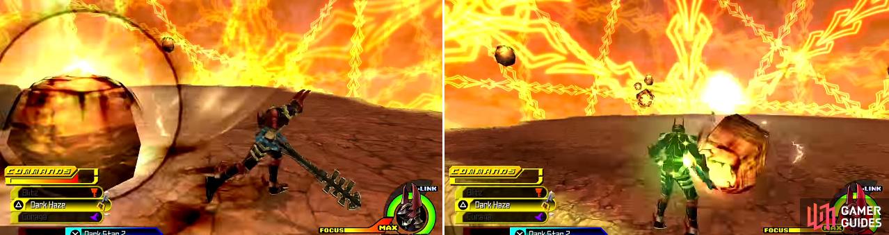 Xehanort summons fireballs that spring up from the ground (left) and then they will launch themselves at you (right) dealing massive damage.