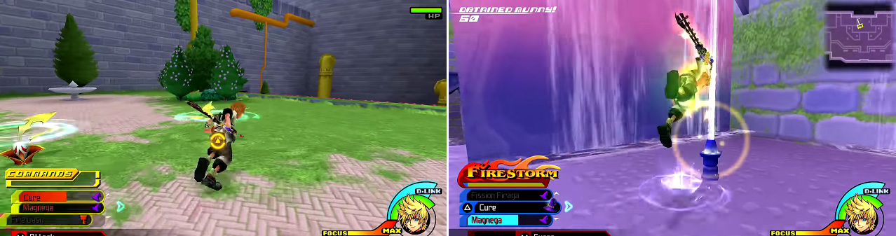 Mandrakes fling scythes (left) at you which can cause lots of damage if you aren’t careful. Use the fountains (right) to reach the upper levels.