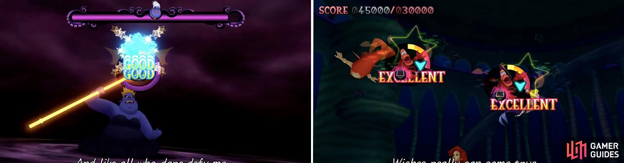 The Ursula battle consists of mashing X (left) and timing X right like you were doing. The final song combines all previous ways into one song (right).