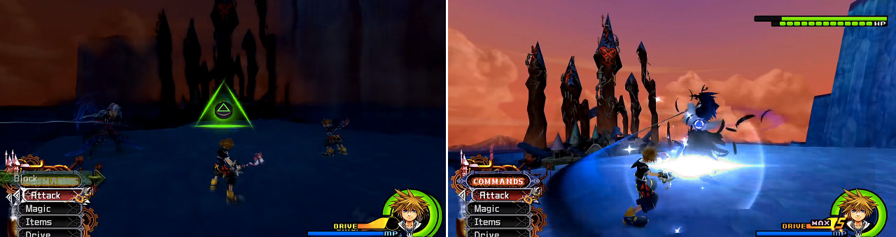 Look for the opportunity to use the Reaction Command during Flash (left). Sephiroth’s sword strokes can be blocked (right) pretty easily.