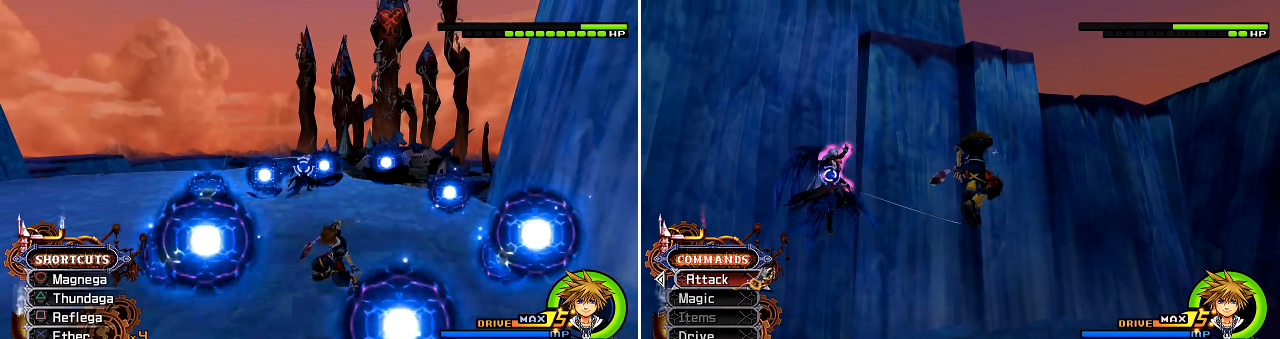Shadow Flare (left) can be reflected but beware of Flash during this attack too. When Sephiroth starts glowing red and rising up (right) he is about to use Heartless Angel. Meet him up there to prevent this.