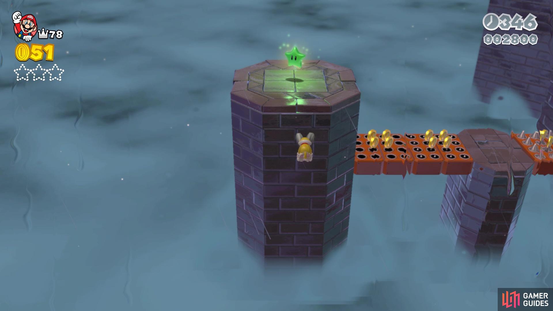 You can use the Cat Suit to jump over and climb the pillar with the first Green Star
