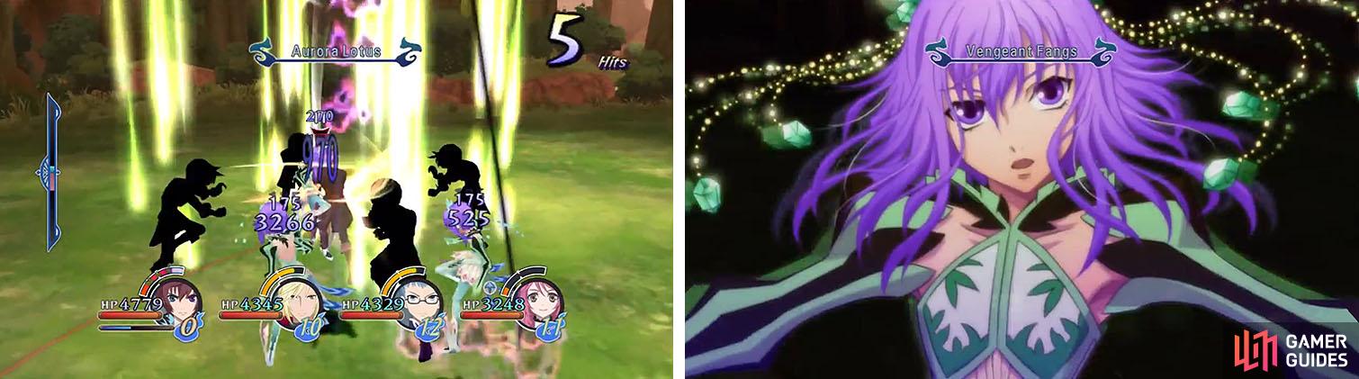 Use Asbel’s Aurora Lotus to avoid damage while dealing AOE damage to any of the Little Queens in the vicinity (left). Just make sure to avoid her Mystic Arte, Purification (right).