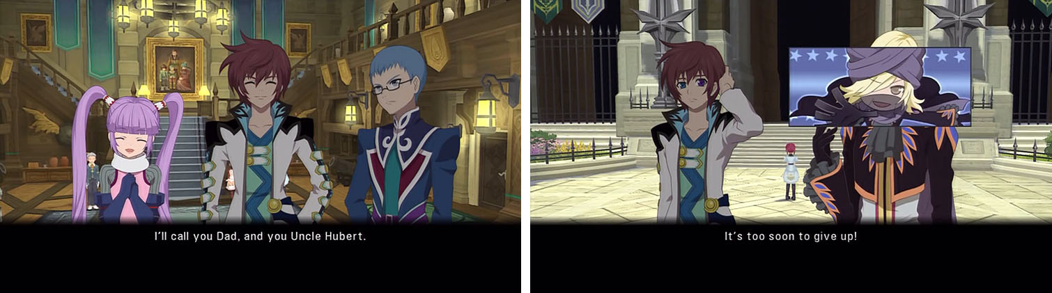 In Lhant you’ll get a discussion about Asbel’s mother becoming a grandmother (left) and then in Barona you’ll see the first of many skits with the Mask of Barona (right).