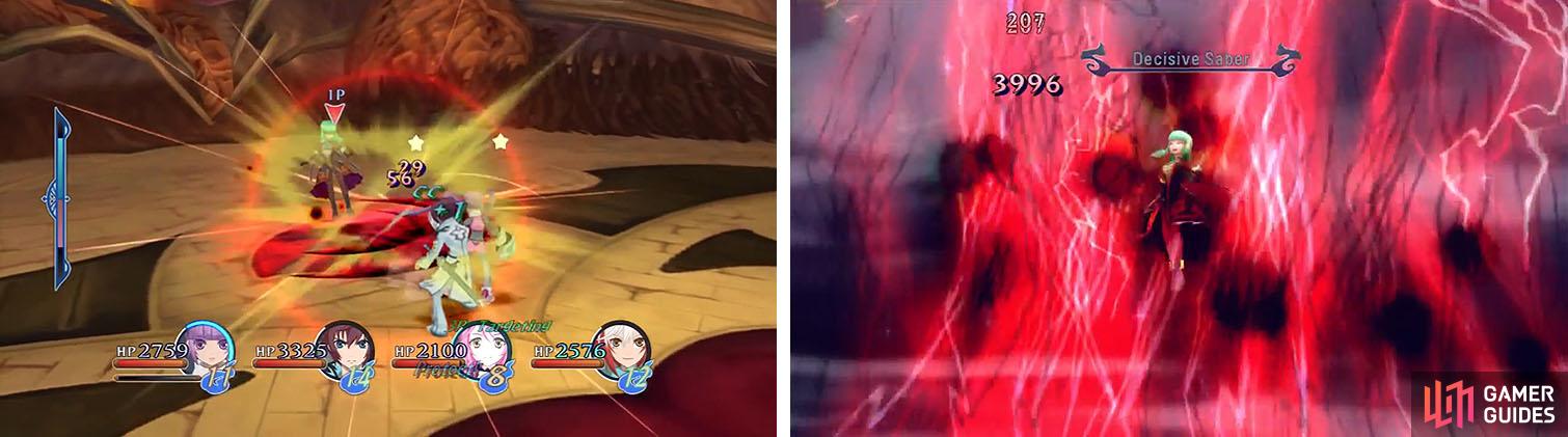 Avoid fighting Emeraude at close range or you’ll just get stunned and pushed back (left). Also, if you get hit by her Mystic Arte prepare a Life Bottle (right).