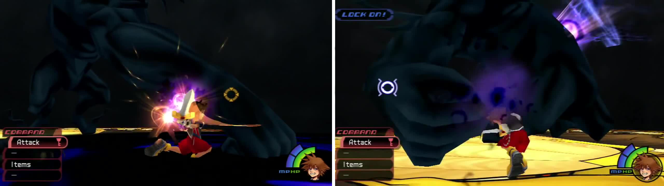 Darkside uses Shadow Summon (right), and crouches down to use Darkness Orb (left).
