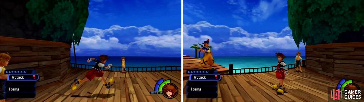Wakka, Tidus (right) and Selphie (left) have some questions for Sora. The answers you give will affect how you gain experience.