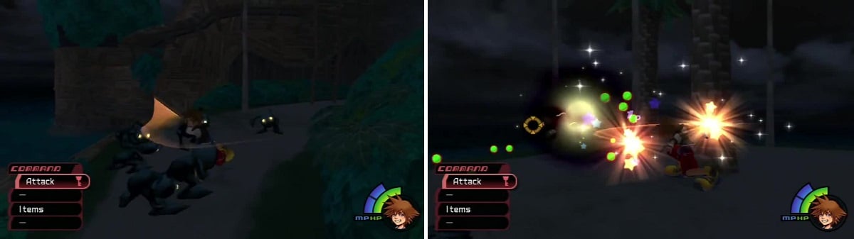 Dodge the Shadows as your wooden sword has no effect! (left) Once Sora obtains the Key Blade, lay into the Heartless. (right)