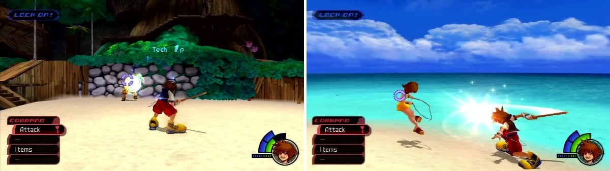 Wakka will throw his Blitzball at you (left), knock it back to stun him. Selphie (right) doesn’t offer much of a fight.