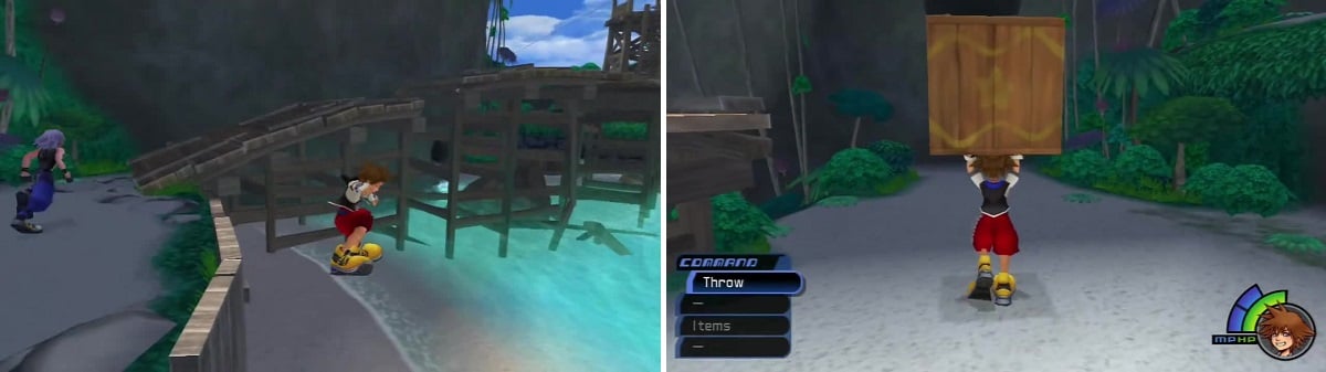 Don’t bother following Riku when the race starts (left), just run off the edge. Once that is over, pick up the box (right) and throw it as close to a hole in the wall so help you reach a chest.