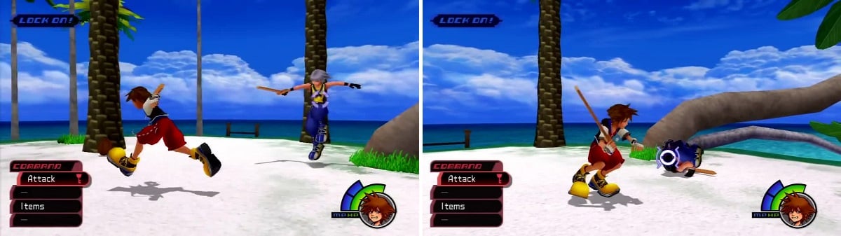 Beware of Riku jumping behind you (left), and get out of the way when he crouches low to the ground (right).