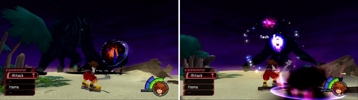 Darkside will reach into the ground and pull out an orb (left) which then goes into the sky and will rain down you (right).