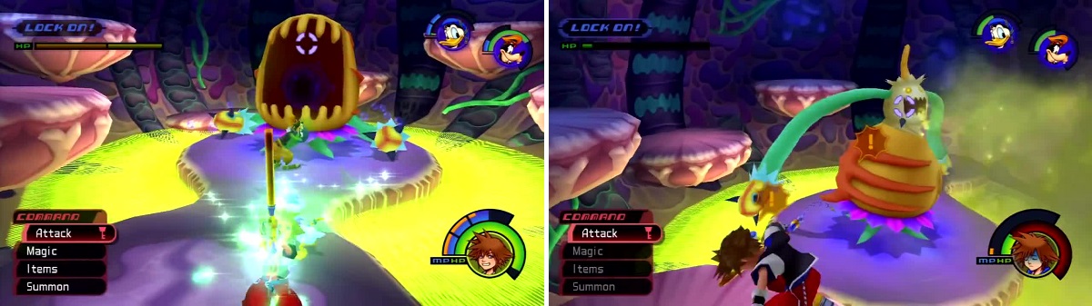Parasite will open up (left) to reveal a dark orb you can pummel. Beware of the green gas (right).
