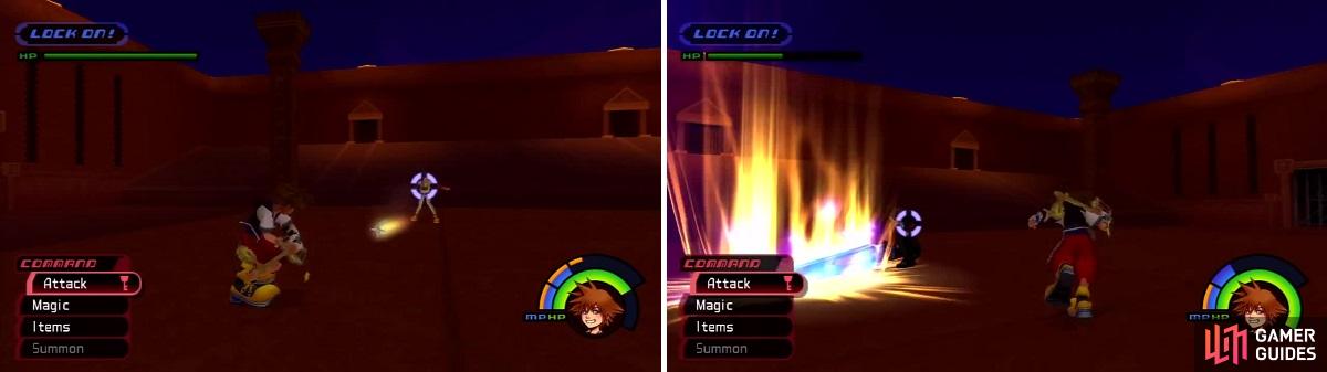 Stun Yuffie by hitting her Shurikens back at her (left). Leon is open to attack after he uses his leaping attack (right).