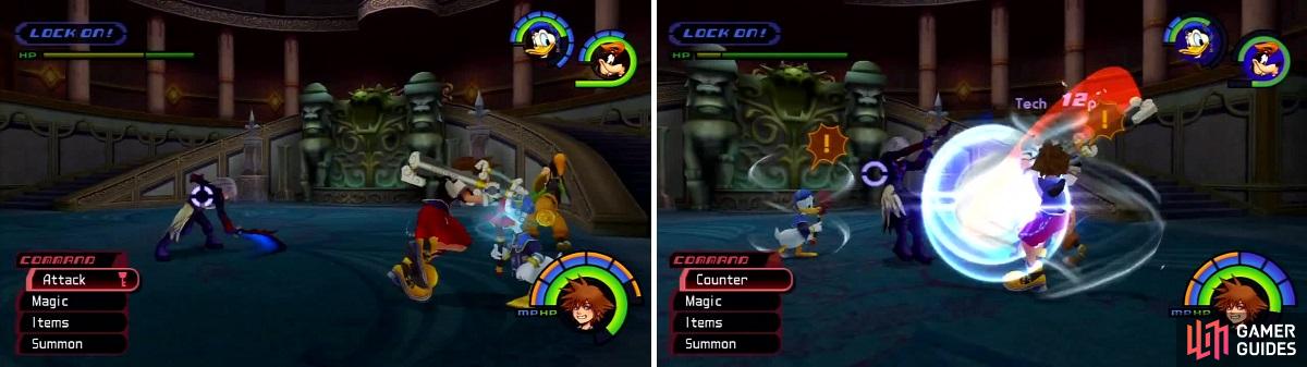 Riku uses a three-combo attack (left) but it can be parried (right).
