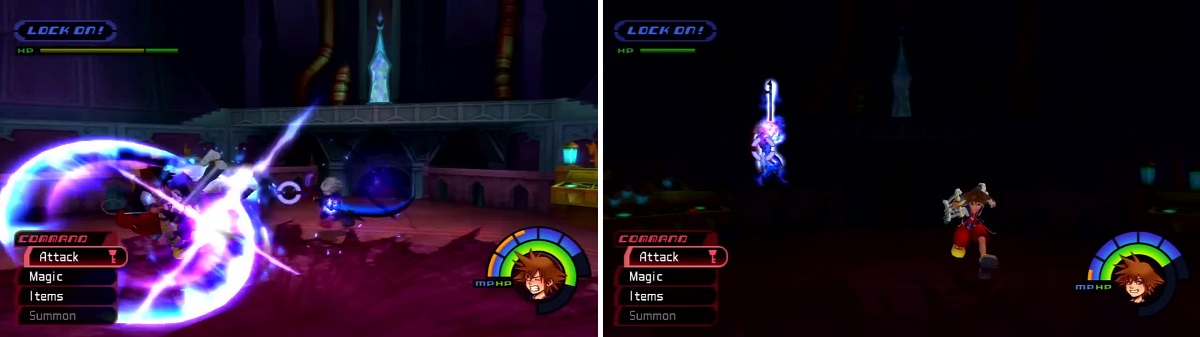 Riku seems the throw his keyblade at you (left). He will glow before doing his Dark Aura attack (right) which is your cue to start Gliding.