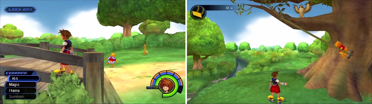 Sora leads Pooh Bear over a bridge (left) and up a hill to a swing. Sora then uses Owl’s wings to help him push Pooh at the perfect time. (right)