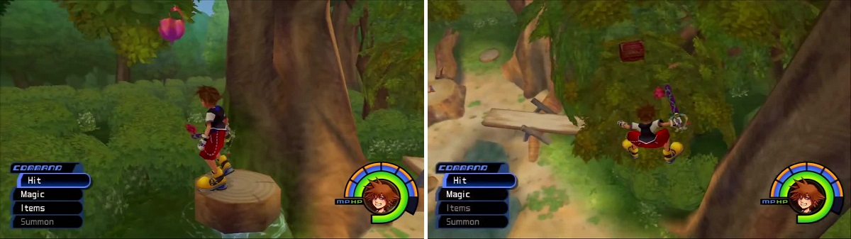 A small geyser grants access to a Rare Nut (left). Jump and swing your keyblade to land by this Chest (right).
