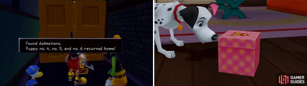 Find the puppies throughout the different worlds (left) and return to Pongo and Perdita for a reward (right).
