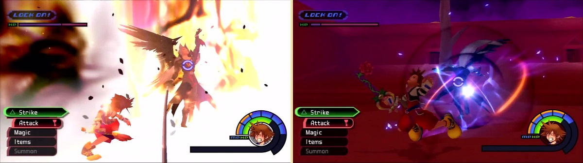 Sephiroth summons three large pillars of fire (left). Finish a combo or he’ll teleport and slash you (right).