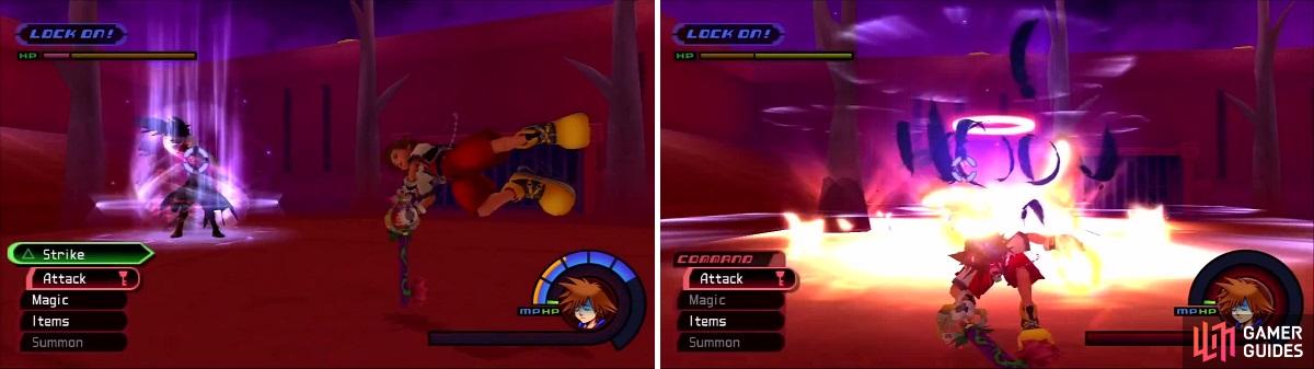 Sephorith prepares to use his Heartless Angel attack (left), which will leave Sora hurting (right) if not stopped.