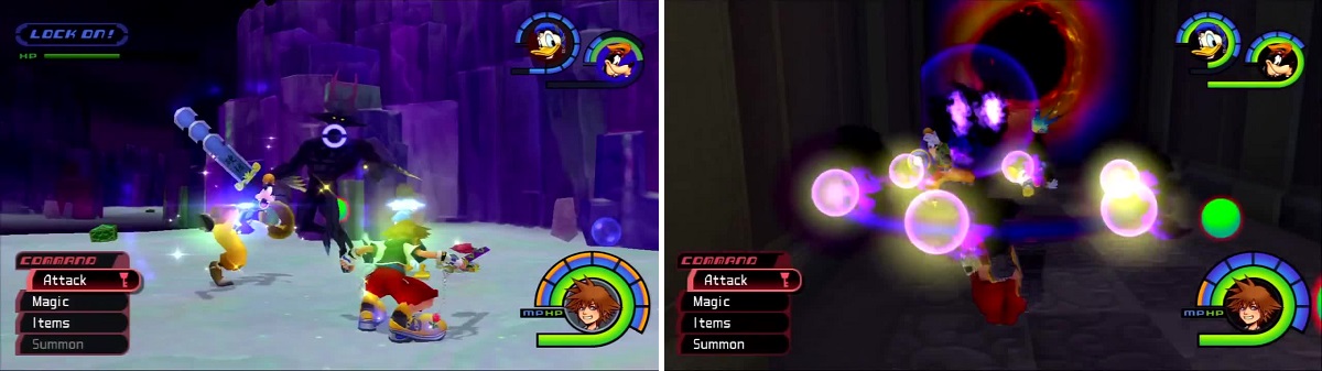The Invisible carries a wicked looking sword (left). A ring of fire surrounds Sora (right) that causes damage.