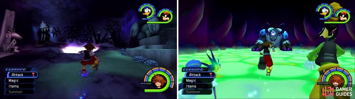Sora makes his way through more portals (left) until he reaches an Arch Behemoth (right) that is ready to pounce.