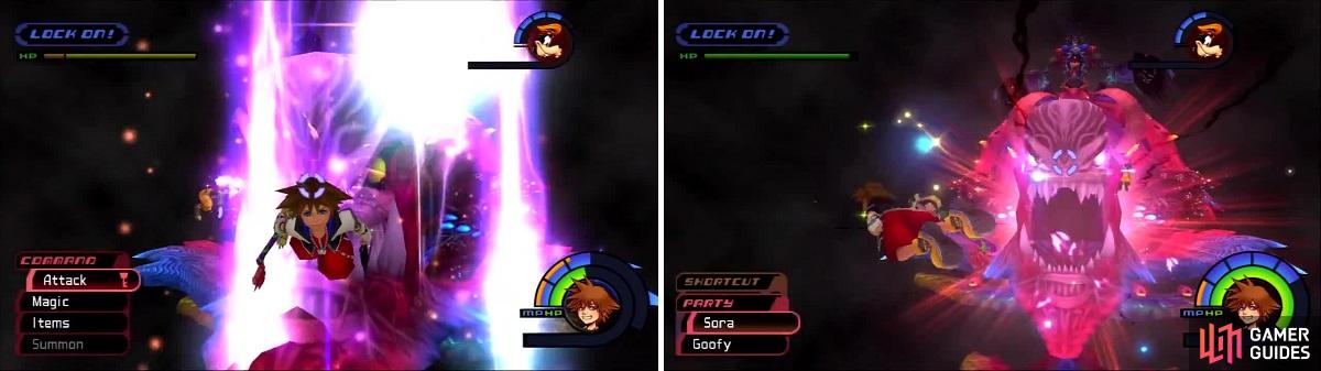 The Face unleashes an attack like Thunder (left) and a large burst of energy (right) that Sora flies away from.