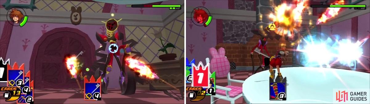 Trickmaster becomes stunned (left) after Sora lays on a few hits. Sora fails to dodge the flaming batons of pain (right).