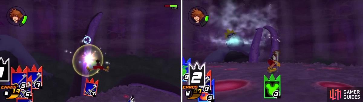 Ursula’s tentacles are an easy target (left). Sora uses the Gimmick Card (right) with incredible results.