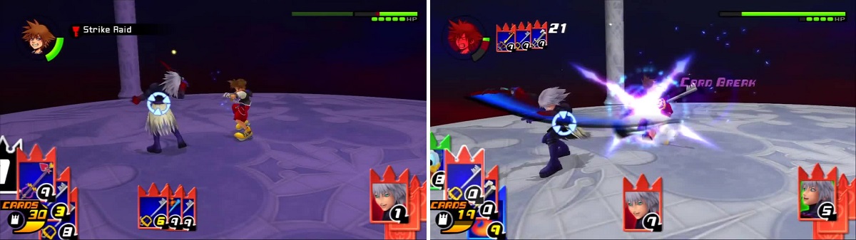 Strike Raid is used against Riku with great results (left). Riku retaliates (right) and deals some damage to Sora.