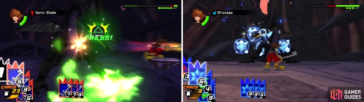 The Gimmick card gives Sora a platform to zoom around on for easy hits on the Dragon (left). Maleficent isn’t able to use any cards as Sora keeps breaking her attacks (right).