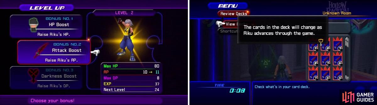 Level up options are different for Riku (left) and his deck is not customizable (right).