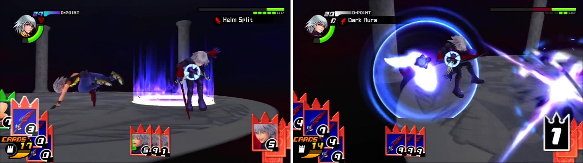 Riku Replica plays Helm Split and Riku tries to dodge away (left). Riku hits back with a powerful Dark Aura attack (right).