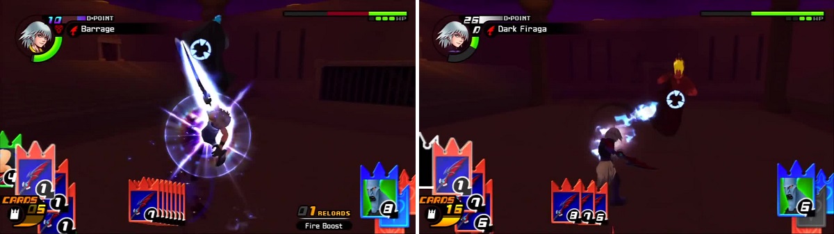Hades loses a duel (left) then takes a beating from Dark Firaga (right).