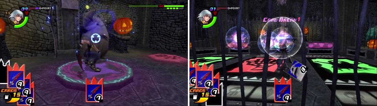Riku unleashes one attack after another once the gate is down (left). Oogie throws his dice but the attack is easily broken (right).