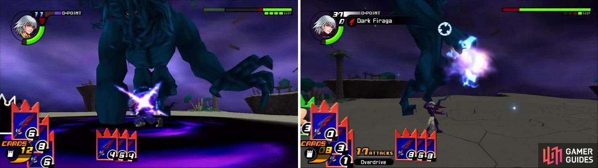 Darkside’s fist is an easy target when he uses Shadow Summoning (left). Dark Firaga homes in on Darkside (right).